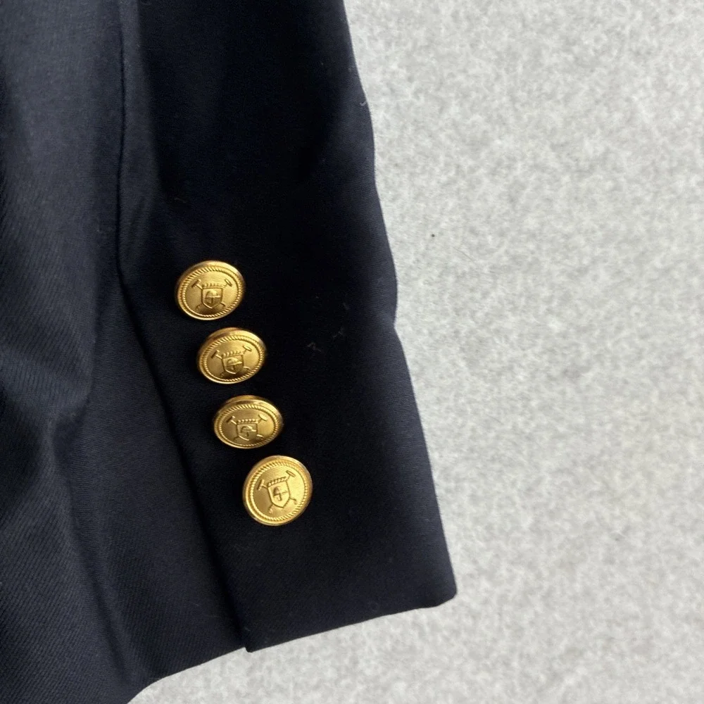 100% Wool Navy Gold Buttons Blazer Sport Coat Suit Jacket Classic Preppy *FLAW*